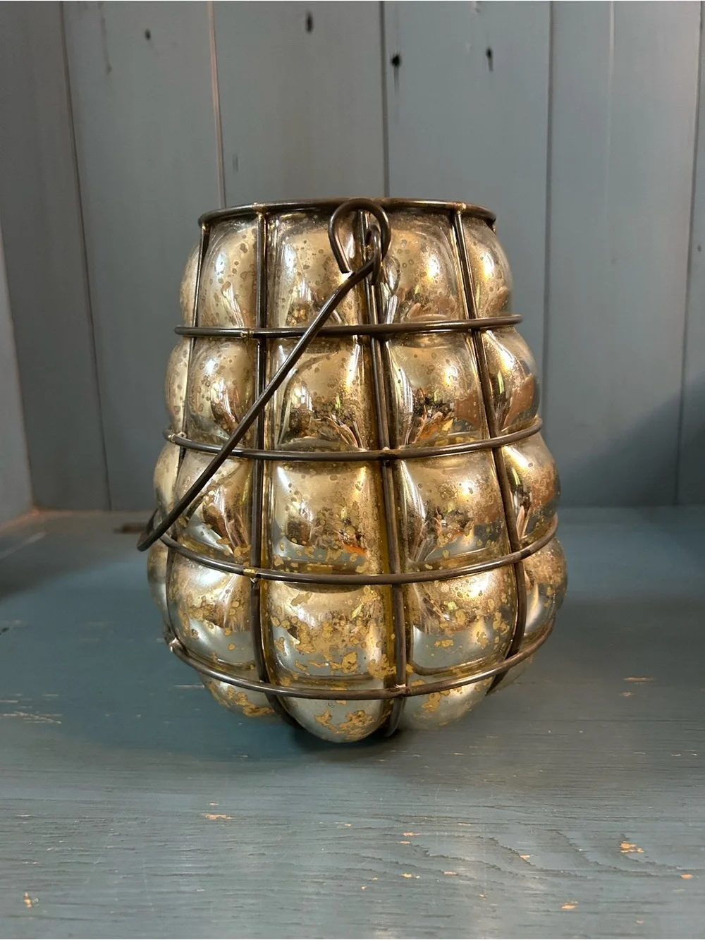 Vintage-Style Gold Mercury Glass Lantern with Wire Cage | 8” Tall